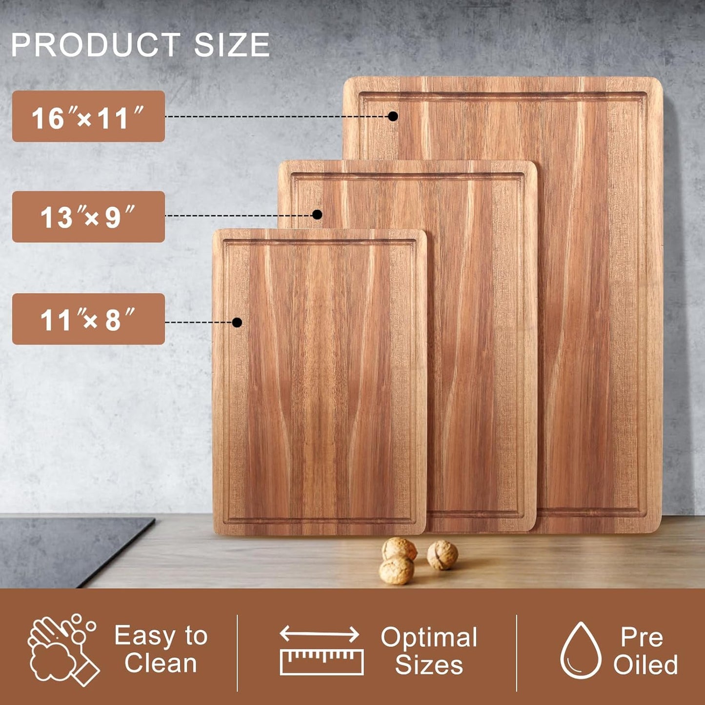Solid Acacia Wood Cutting Boards for Kitchen Decor Wooden Charcuterie Board Meat Cheese Boards Butcher Block Pizza Bread Serving Board Hardwood Chopping Board Non Toxic Teak Small Cutting Boards