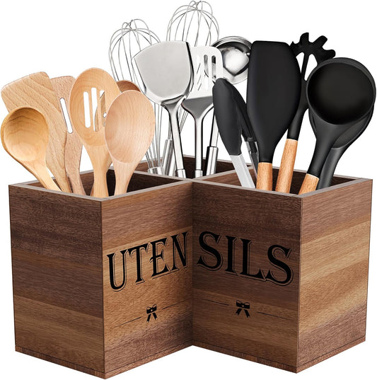 Suli Extra Large Kitchen Utensils Holder with 3 Compartments,Corner Utensil Caddy for Countertop,Wooden Utensil Organizer for Kitchen Countertop, Farmhouse Decor- Black