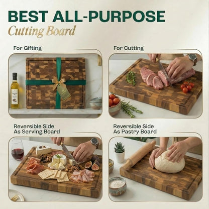 Teak Cutting Board - End Grain Butcher Block, 20 x 14 x 1.5 Inch Large Wood Board with Juice Groove & Side Handles, Extra Thick Carving Board for Meat Prep, BBQ & Charcuterie