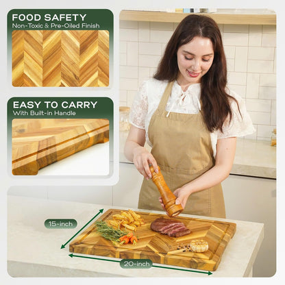 Howizz Acacia Wood Large Cutting Board, Thick End Grain Solid Wood Butcher Block For Kitchen, Non Toxic Pre-Oiled Carving Tray w/Juice Grooves and Easy Grip Handle, 20"x15"x1" (Gift-Ready Box)