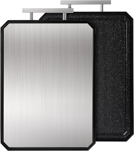 2 in 1 Stainless Steel Cutting Board with Handle Chopping Large Big Small Metal Carving Kitchen Meat Butcher Block no Titanium Wood Bamboo Glass Marble Stone Rubber Plastic Silicone Acrylic 15
