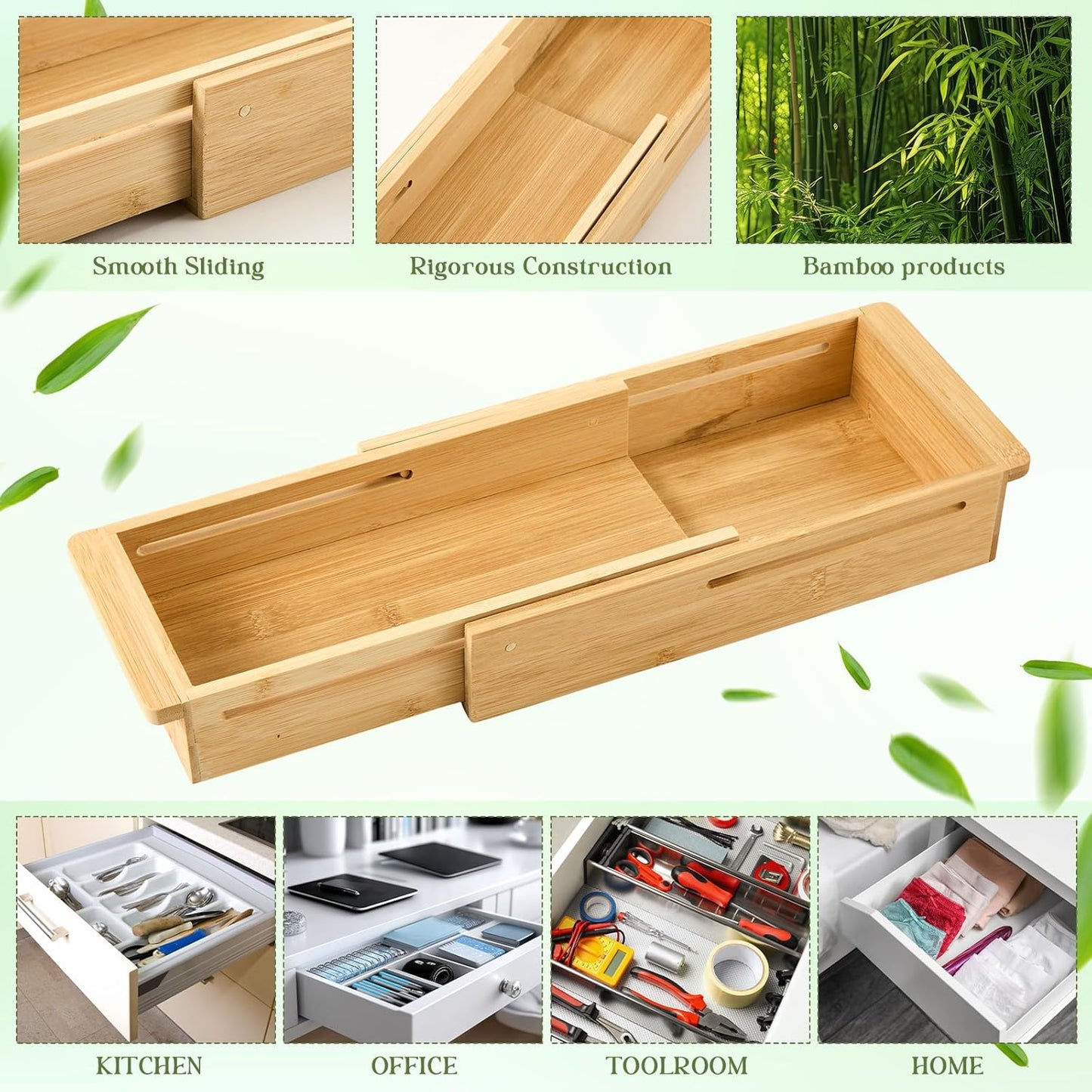 LemonRoad 1 Pcs Sliding Drawer Organizer Bin Bamboo Drawer Expandable Bins Utensil Organizer for Kitchen Spoons Forks Knives (Wood)