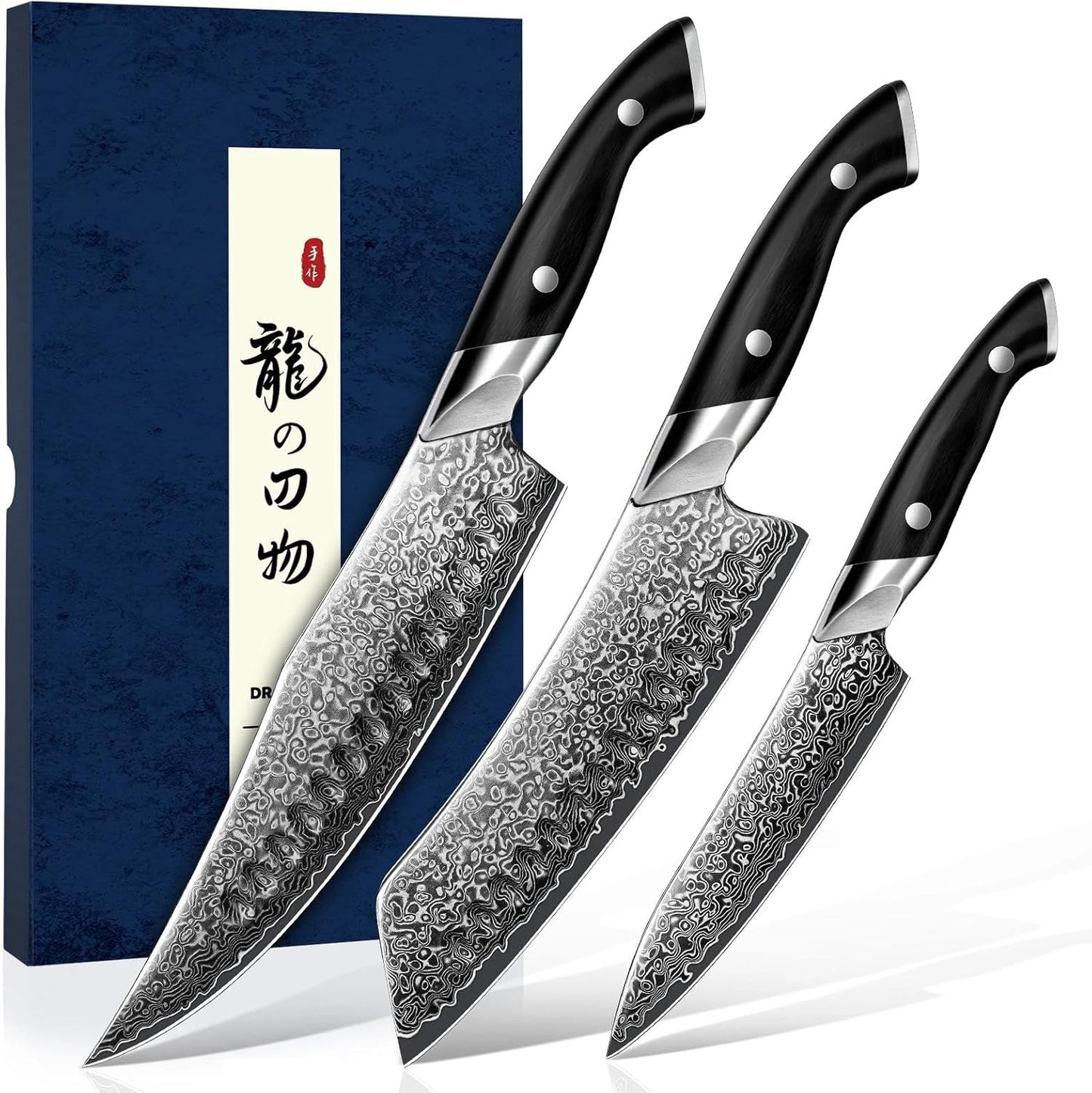 DRAGON RIOT Japanese Chef Knife Set 3Pcs, VG10 Steel Japanese Razor-Sharp Kitchen Knives Set with Gift Box