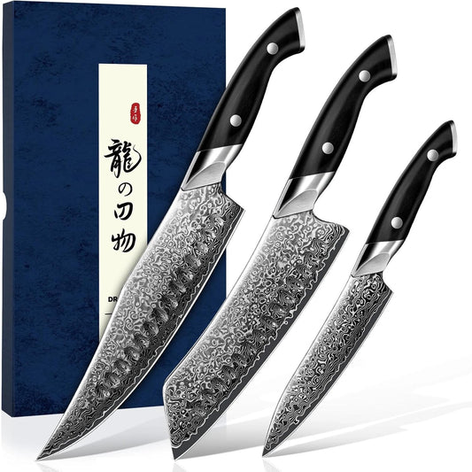 DRAGON RIOT Japanese Chef Knife Set 3Pcs, VG10 Steel Japanese Razor-Sharp Kitchen Knives Set with Gift Box
