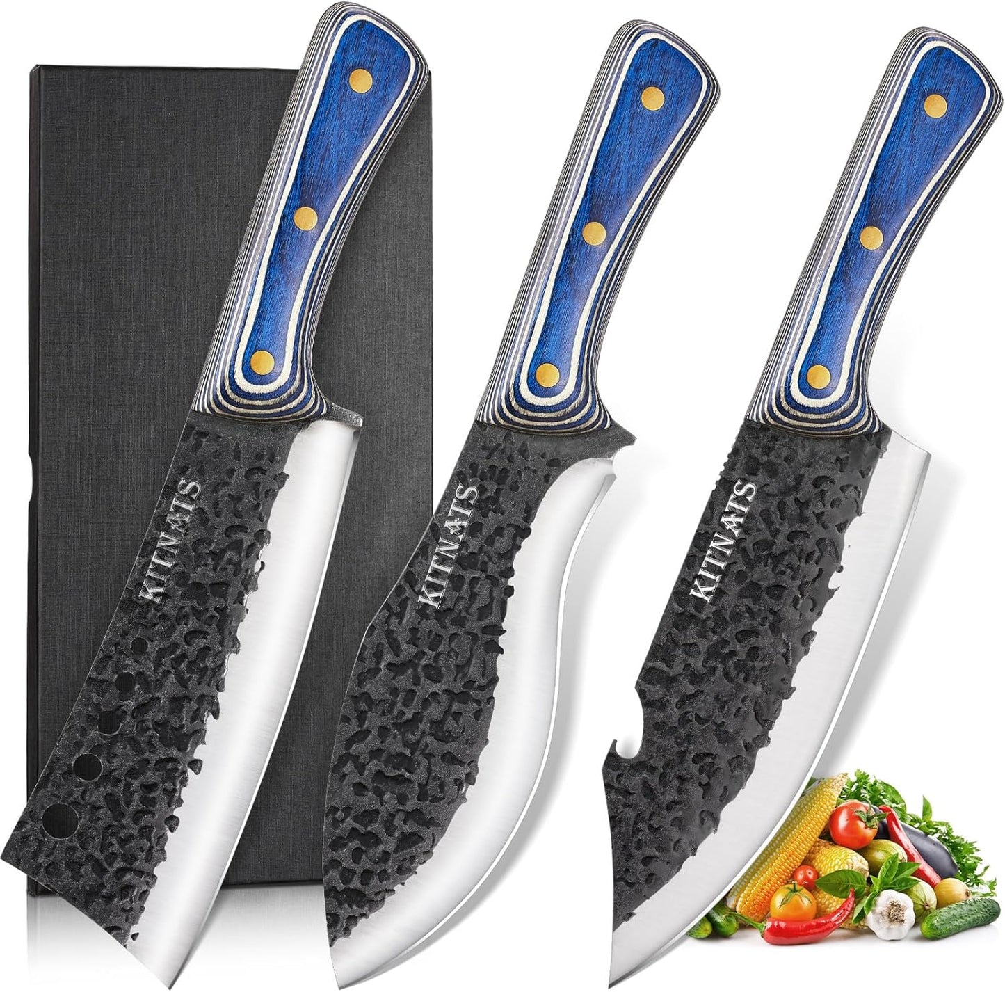 KITNATS 3PCS Butcher Knife Set, Hand Forged kitchen Knife Set-Heavy Duty Bone Chopper & Meat Cleaver & Viking Chef Knife Set for Home, Outdoor Cooking, Camping BBQ