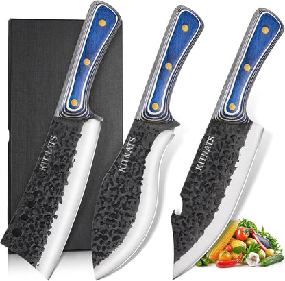 KITNATS 3PCS Butcher Knife Set, Hand Forged kitchen Knife Set-Heavy Duty Bone Chopper & Meat Cleaver & Viking Chef Knife Set for Home, Outdoor Cooking, Camping BBQ