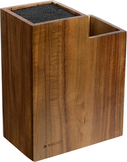 Navaris Bamboo Kitchen Knife Block - Magnetic Rotating Bristle Knife Holder - Universal Knife Block Storage Stand with Bristles - 9.8" x 4.9" x 4.9"