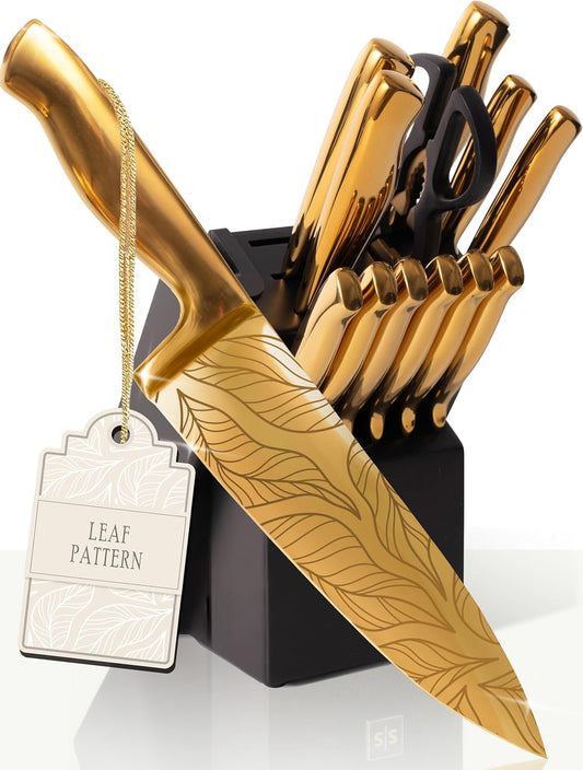 STYLED SETTINGS Knife Set with Built-in Sharpener – 14 PC Golden Titanium-Coated Stainless Steel Blades with Elegant Floral Pattern, Ultra-Sharp, Durable Kitchen Knife Block Set