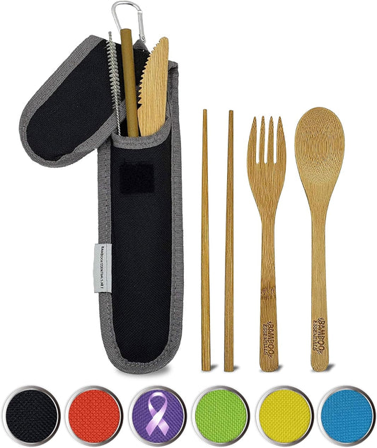 Travel Utensils with Case Set Fork, Knife, Spoon, Chopsticks, Straw, Straw-cleaning brush, Travel Pouch and Carabiner, Excellent For Everyday Use! ((1Set) Sky Blue)