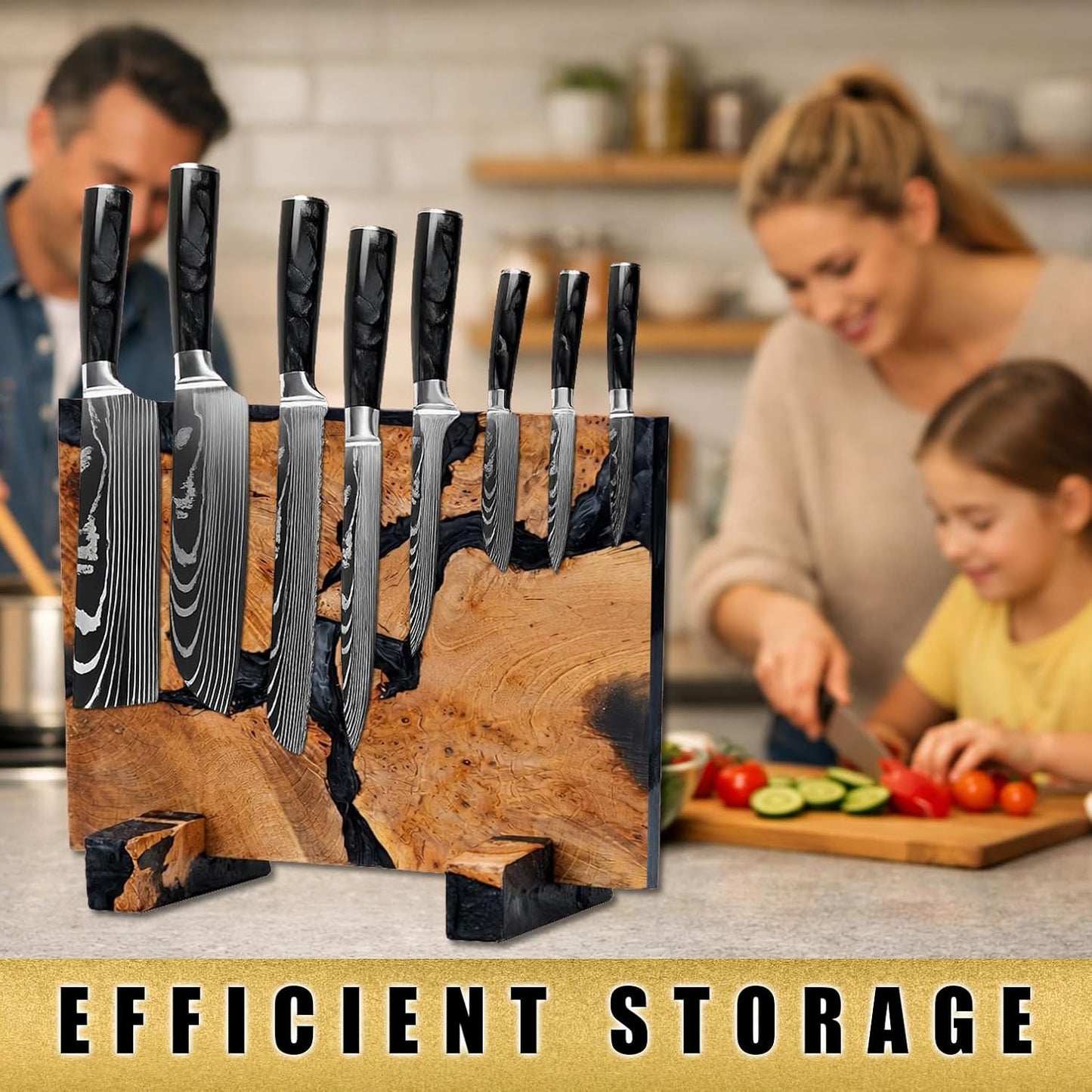 Magnetic Knife Block, Double Sided Knife Holder, Burl Maple Wood and Blue Resin, Holds 20 Knives, Non Slip Base (Blue)