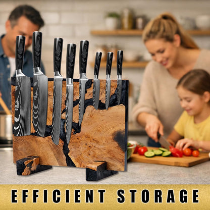 Magnetic Knife Block, Double Sided Knife Holder, Burl Maple Wood and Blue Resin, Holds 20 Knives, Non Slip Base (Blue)