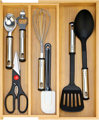 Large Bamboo Silverware Drawer Organizer Tray Kitchen Tool Drawer Divider Organizers Storage Expandable Cooking Utensil Organizer Wooden Cutlery Tray Spoon Flatware Organizers Utensil Holder Drawers