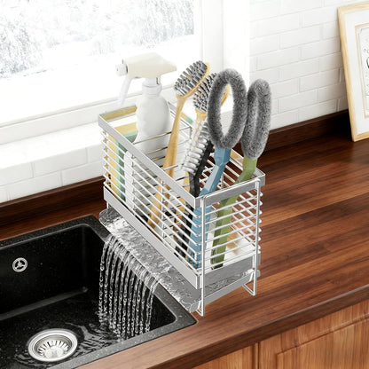 Utensil Holder, Upgrade Stainless Steel Utensil Drying Rack with Automatic Drain Tray for Kitchen Counter, Silverware Cutlery Organizer for Spoons, Forks, Knifes, Chopsticks (Black)