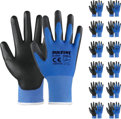 DULFINE Safety Work Gloves PU Coated-12 Pairs,Red Seamless Knit Glove with Polyurethane Coated Smooth Grip on Palm & Fingers, for Men and Women, Ideal for General Duty Work (Large)