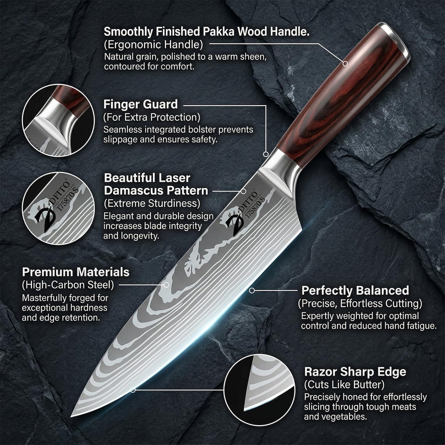 Dfito Kitchen Knife Set, 3 Pieces High Carbon Stainless Steel Chef Knife Set with Red Pakkawood Handle, Ultra Sharp Professional Chef Knives Sets for Home Cooking, Dishwasher Safe