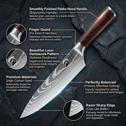 Dfito Kitchen Knife Set, 15 Pieces Knife Set with Block and Sharpener, High Carbon Stainless Steel Chef Knives Set with Red Pakkawood Handle for Home Cooking, Dishwasher Safe