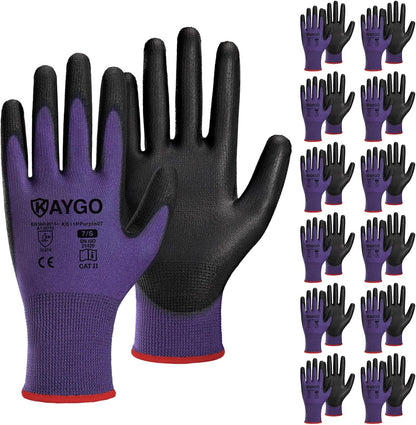 KAYGO Work Gloves for Men and Women,12 Pairs Seamless Knit PU Coated Safety Gloves, with Smooth Grip on Palm and Fingers, Ideal for Light Warehouse, Manufacturing, Gardening, KG11P (M, Black)