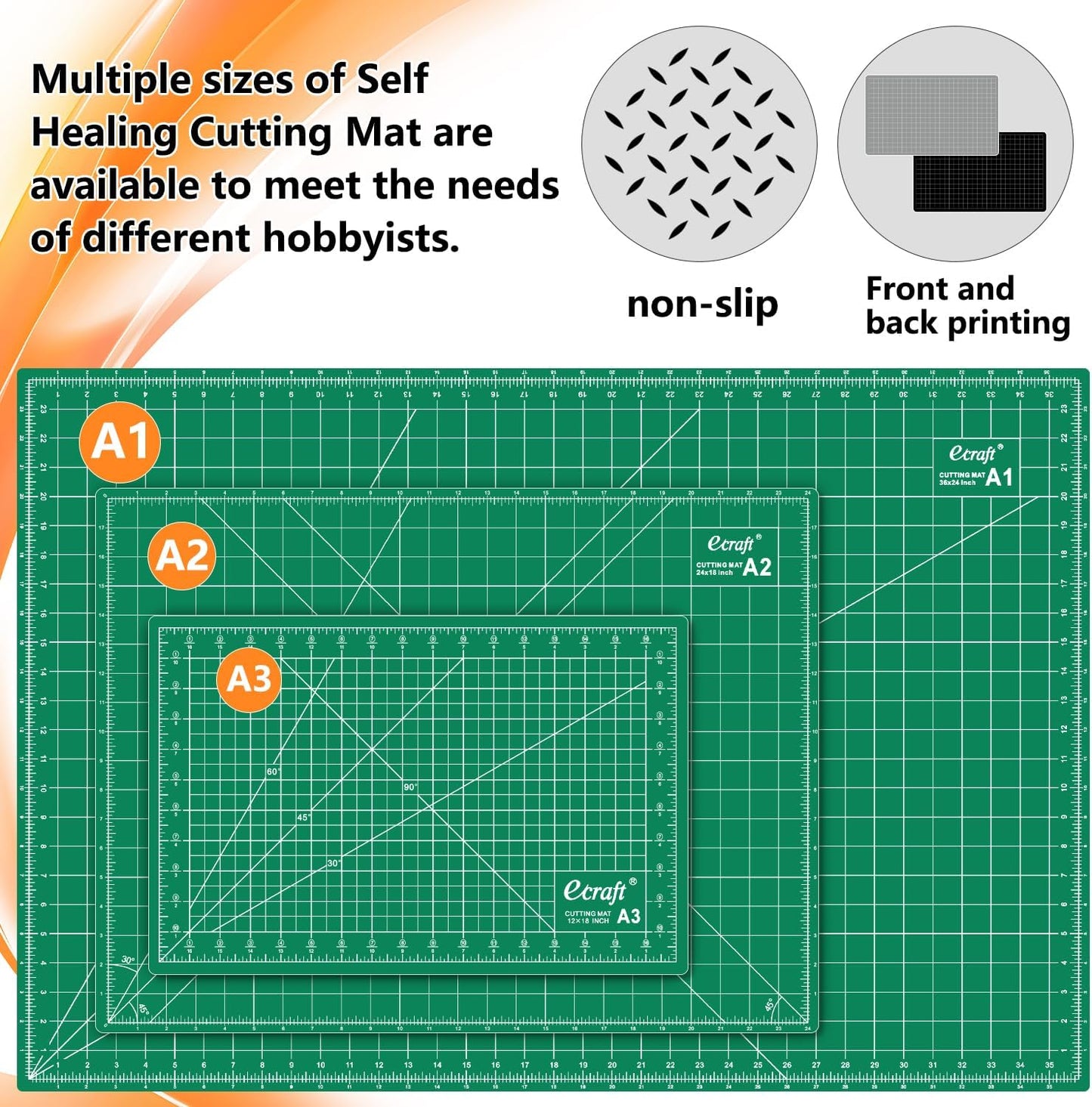 Ecraft Self Healing Cutting Mat 18x12 Inch A3, 5-Ply Double Sided Rotary Cutting Board with Grid, Grey/Black for Sewing, Quilting, Fabric & Craft Projects