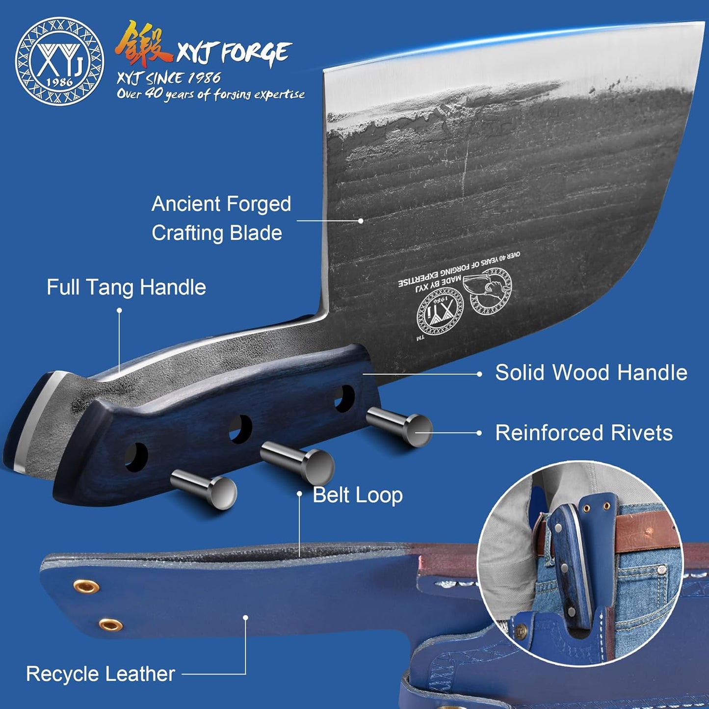 XYJ Authentic Since 1986,Outstanding Ancient Forging,6.7 Inch Full Tang,Serbian Chefs knife,Chef Meat Cleaver,Kitchen Knives,Set with Leather Sheath,Take Carrying,Butcher