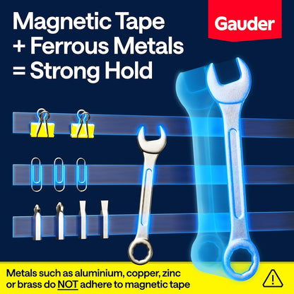 GAUDER Magnetic Tape Strong Self-Adhesive - Cut-to-Length Magnet Strip with High Magnetic Force - Heavy-Duty Adhesive Magnet Tape (10 ft x 0.6 in)