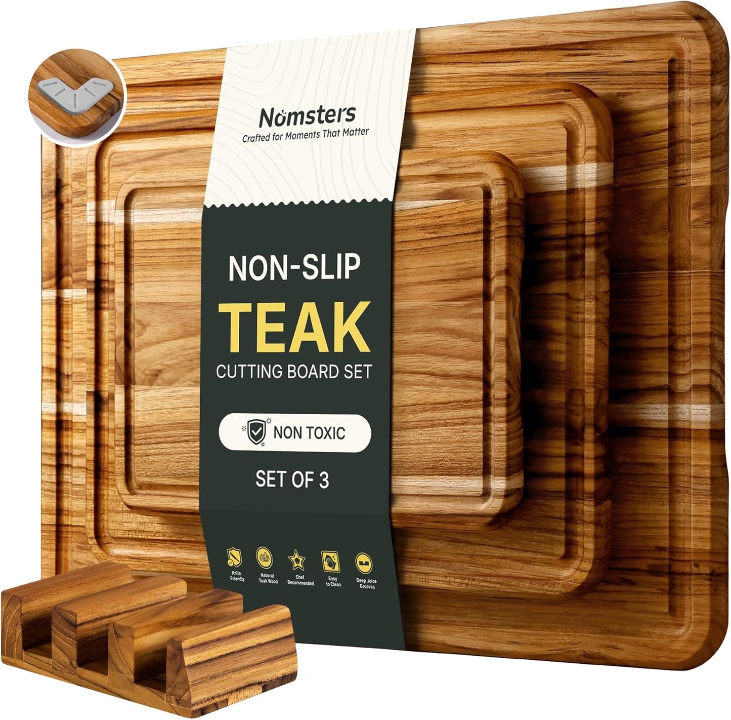 4 Pack Teak Cutting Board Set for Kitchen Heavy Duty Non Toxic Non Slip Solid Thick Wood Haus Chopping Board Extra Large Big Small Meat Best Wooden Charcuterie Board