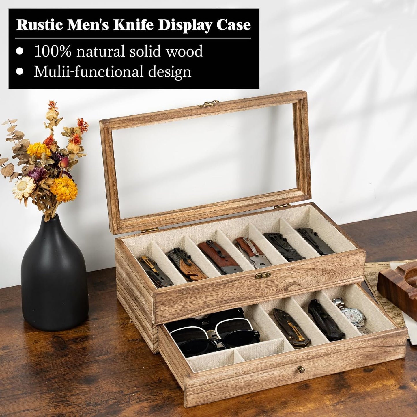 Knife Display Case, 3-Layer Pocket Knife Case Display & Storage Knives, Solid Wood Knife Case for Collections, Gift for Boyfriend Fathers Day Birthday Gifts(Black)