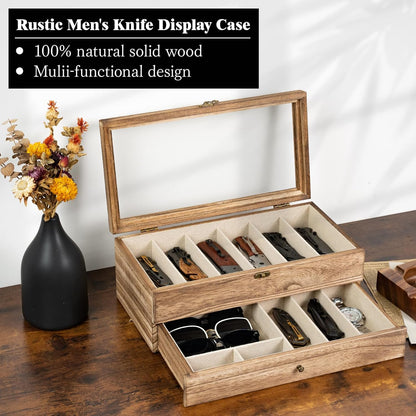 Knife Display Case, 3-Layer Pocket Knife Case Display & Storage Knives, Solid Wood Knife Case for Collections, Gift for Boyfriend Fathers Day Birthday Gifts(Black)