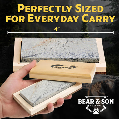Bear & Son 4" Sharpening and Honing Stone, 100% Natural Soft Arkansas Whetstone with Wood Storage Box, 2″ X 4″ X 0.5” (80040)