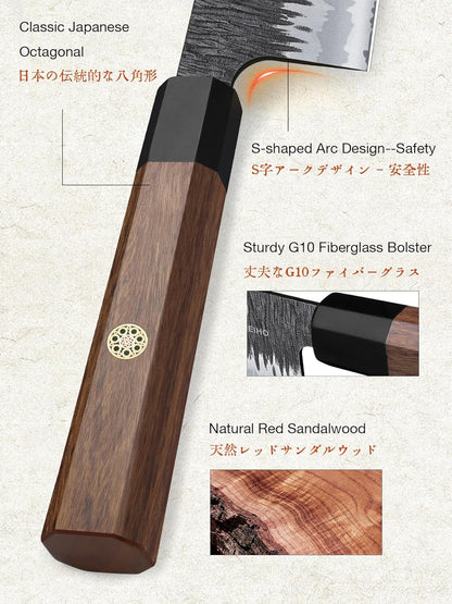 8 Inch Japanese Chef Knife, Hand Forged Gyuto Knife 9 Layers High Carbon 10CR15MOV Steel Kitchen Knife Ultra Sharp & Durable Professional Japanese Sashimi Knife with Ergonomic Rosewood Handle