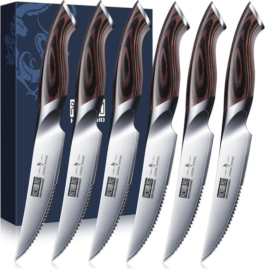 HOSHANHO Steak Knives Set of 6 with Block, 4.5 Inch Serrated Steak Knife Set, Japanese High Carbon Steel Kitchen Steak Knives with Ergonomic Handle