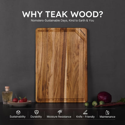 3 Pack Teak Wood Cutting Board Set for Kitchen Charcuterie Board Serving Heavy Duty Non Toxic Slip Hardwood Over Sink Solid Thick Haus Wooden Chopping Board Large Big Small Meat Best Essential Gift