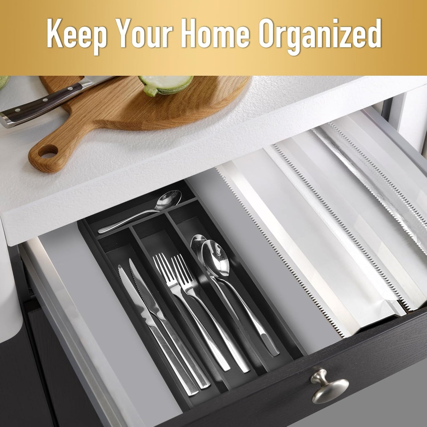 Silverware Organizer Bamboo Kitchen Drawer Organizer Utensil Organizer Silverware Holder Cutlery Organizer in drawer Flatware Organizer Tray (Black 5 Slots)