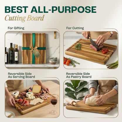 Teak Cutting Board - End Grain Butcher Block, 20 x 14 x 1.5 Inch Large Wood Board with Juice Groove & Side Handles, Extra Thick Carving Board for Meat Prep, BBQ & Charcuterie
