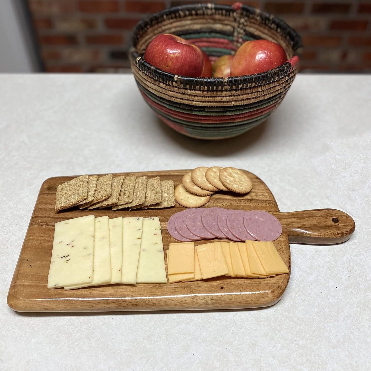 Acacia Wood Cutting Board with Handle, Single Piece Solid Wood, Double Sided Charcuterie and Bread Board, Small Knife Friendly Kitchen Prep Board, 15 x 8 Inch