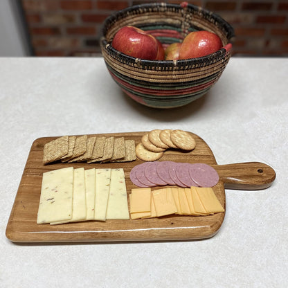 Acacia Wood Cutting Board with Handle, Single Piece Solid Wood, Double Sided Charcuterie and Bread Board, Small Knife Friendly Kitchen Prep Board, 15 x 8 Inch
