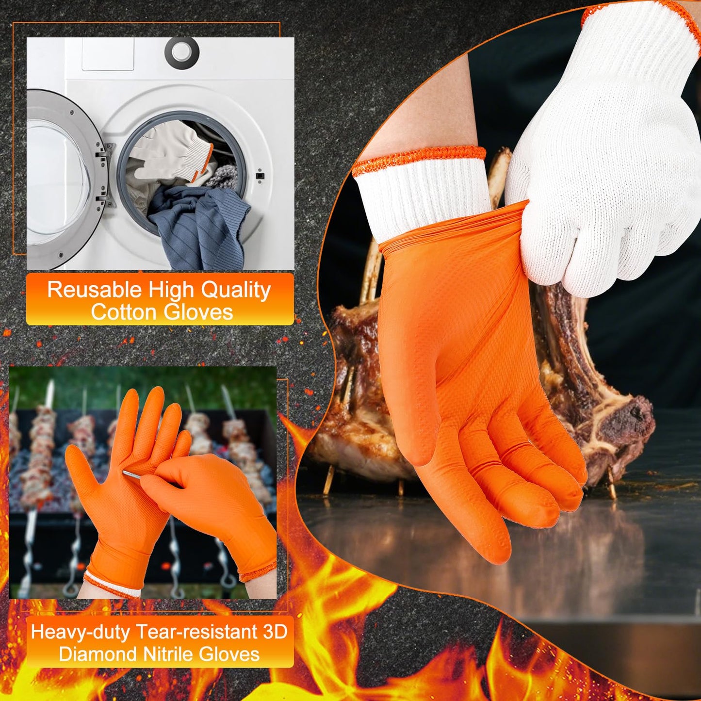 ANBOSON BBQ Gloves Disposable-Heat Resistant Cooking & Grilling Gloves Set (100 Black Nitrile, 4 Cotton Liners)-10Mil Heavy Duty Meat Handling Smoker Accessories for Hot Food Prep,Non-Slip Grip,Large