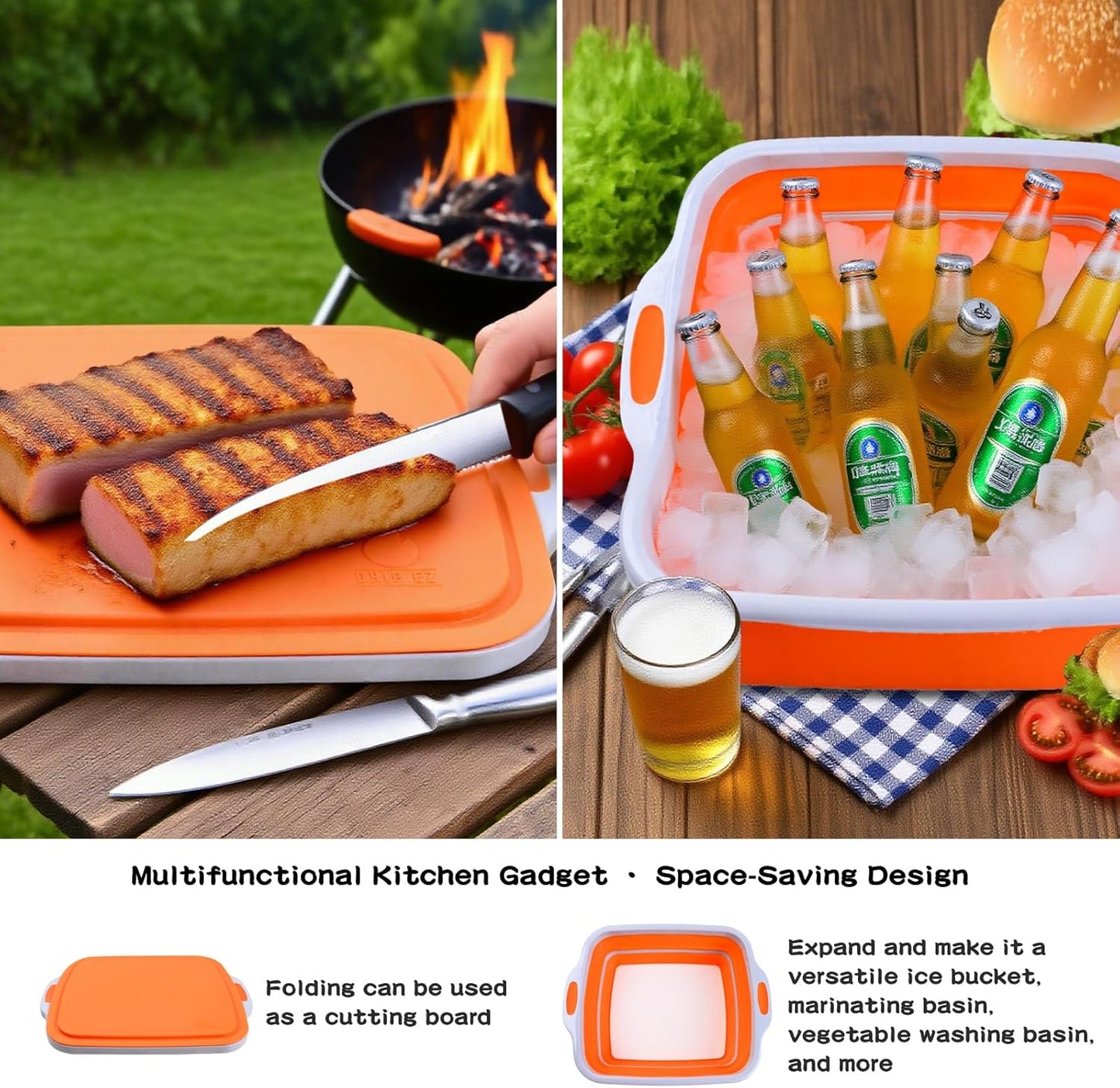 Collapsible BBQ Prep Tub with Lid & Cutting Board 8L - Meat Marinating Basin & Grill Carry System - 5pc Set with Heat Resistant Gloves, Basting Brush & Spatula(Orange, Large, 8L)