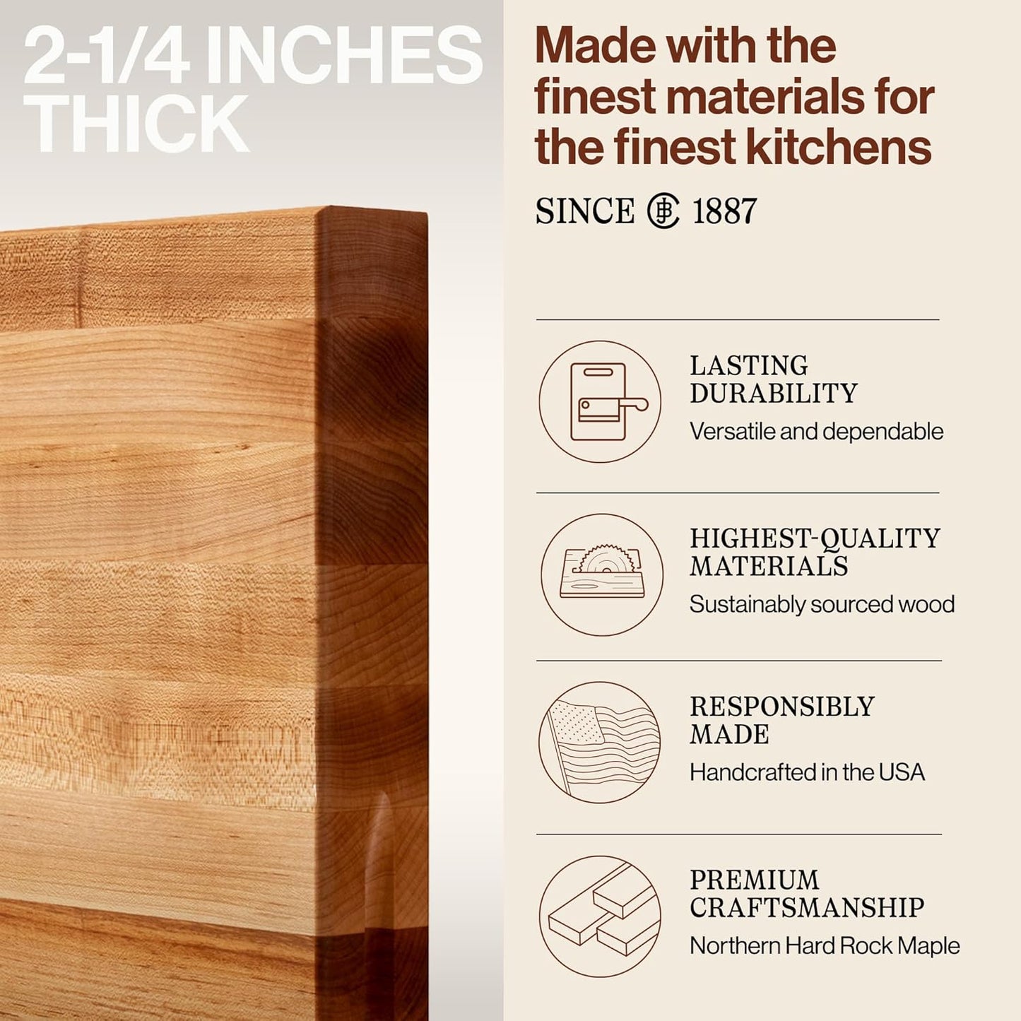 John Boos Handle Boards Series Rectangular Wooden Maple Cutting Board 24”x18” – 2.25” Thick, 30-lb Reversible Butcher Block with Juice Groove, Edge-Grain & Metal Handles