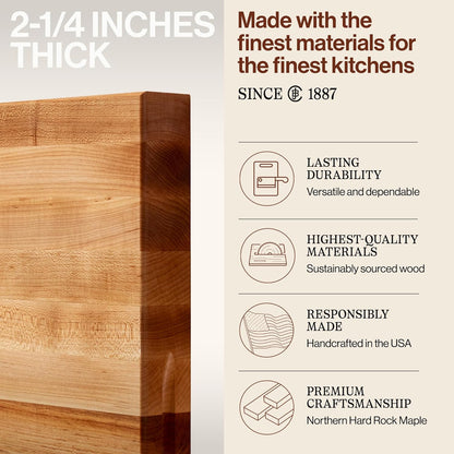John Boos Handle Boards Series Rectangular Wooden Maple Cutting Board 24”x18” – 2.25” Thick, 30-lb Reversible Butcher Block with Juice Groove, Edge-Grain & Metal Handles