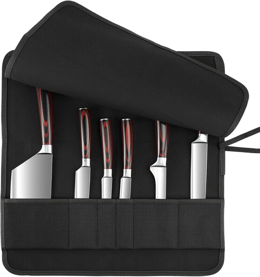 6 Slot Puncture Resistant Knife Roll, Waxed Canvas Knife Bag Featuring UHMWPE Fabric, Tie Straps Knife Roll Bag Fit 8-Inch Chef Knives