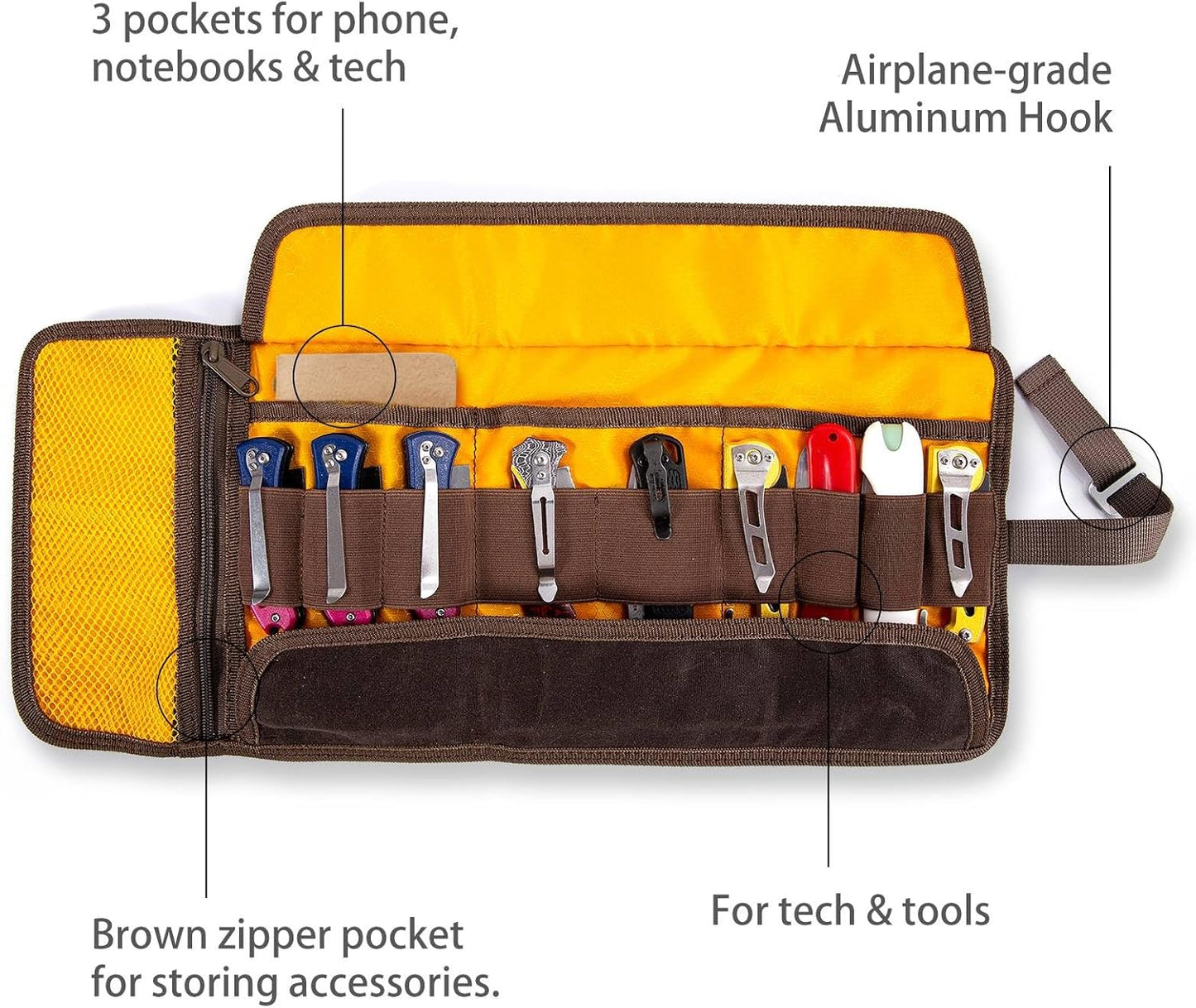 Pocket Knife Display Case | EDC Roll-Up Tool Bag, Folding Knives Roll Bag Organizer for Notebook Lovers | Multi-Pocket with Elastic Loops, Storage knifes Pouch for Camping and Outdoor Use