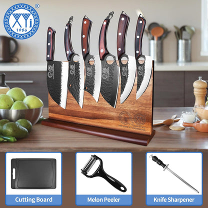 XYJ Authentic Since 1986,Knife Block Set,Kitchen Knife Set with Magnetic Knife Block,Cutting Board,Sharpening Stick,Meat Cleaver Slicing Knives,High Carbon Steel Blades,Full Tang,Wood Handle
