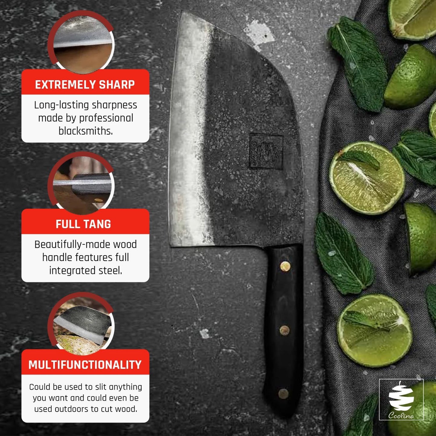 COOLINA Daozi 8" Butcher Knife, Hand-Forged High-Carbon Steel Cleaver for Heavy-Duty Meat Cutting, Slicing, Chopping, Brisket & BBQ, Full-Tang Forged Blade with Ergonomic Wood Handle