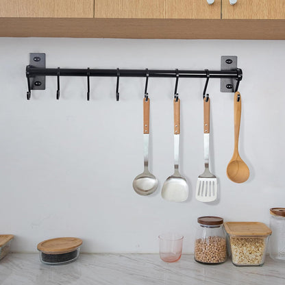 Dseap Kitchen Utensil Holder Hanger, Pot and Pan Rack Wall Mounted, Kitchen Rail with 8 Hooks for Hanging Cooking Utensils, Mugs, Spoons, Wall Mounted, Silver