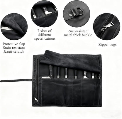 Leather Chef Knife Roll Bag, Knife Bags for Chefs Professional, Large Zippered Pouch & 7-Slot Professional Knife Roll, Chef Knives Storage Bag for Kitchen Tools Culinary Accessories (brown)