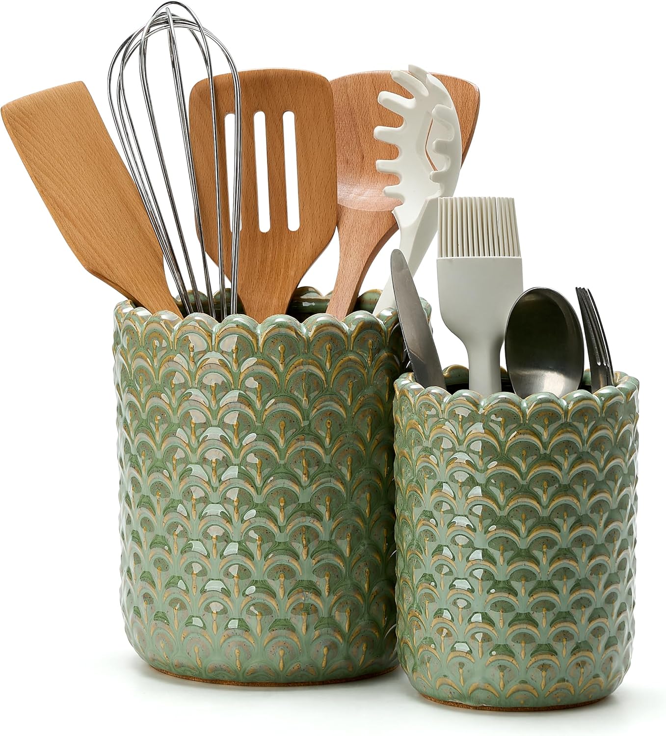JIEMEI HOME Kitchen Utensil Holder, Large 7.5"+6.2" Petal Ceramic Utensil Crock for Countertop, Utensil Holder with Cork Mat, Morden Utensil Organizer for Spatula, Kitchen Decor, Set of 2, Purple