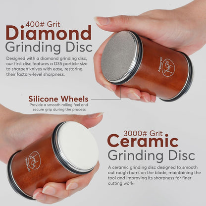 Rolling Knife Sharpener with Diamond and Ceramic Discs, Kitchen Knife Sharpener with 15° & 20° Magnetic Angles, Strong Knife Sharpening Kit (Brown)