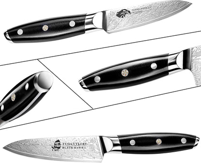 TUO Paring Knife 3.5 Inch - Ultra Sharp Peeling Knife - High Carbon Stainless Steel - Full Tang G10 Handle with Gift Box - Black Hawk S Series