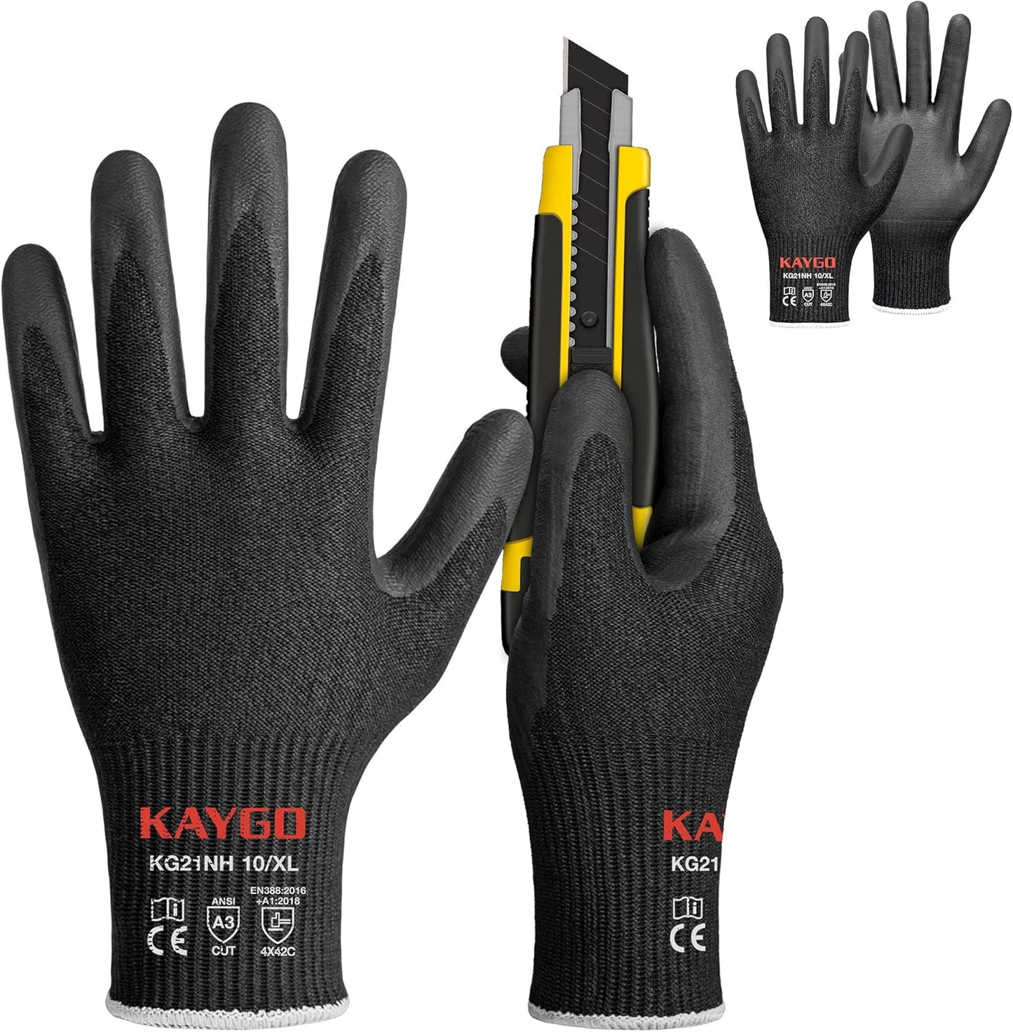 KAYGO 12 Pairs Cut Resistant Work Gloves for Men and Women,ANSI A3 Cutting Gloves,Nitrile Micro-Foam Safety Work Gloves KG21NB,Ideal for Wood Carving,Glass Handling, Construction,Fishing,Grey,S