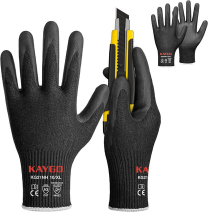 KAYGO 12 Pairs Cut Resistant Work Gloves for Men and Women,ANSI A3 Cutting Gloves,Nitrile Micro-Foam Safety Work Gloves KG21NB,Ideal for Wood Carving,Glass Handling, Construction,Fishing,Grey,S
